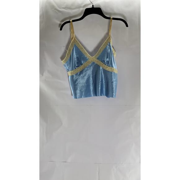 E.K. DESIGNS Women's Light Blue-Beige Satin Lace-Trim Adjustable Cami Top SZ M - Picture 1 of 8